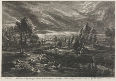 笛を吹く羊飼いのいる風景 作： Schelte Adams Bolswert