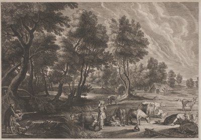 ハンターと乳搾りのいる農場の風景 作： Schelte Adams Bolswert, after Sir Peter Paul Rubens