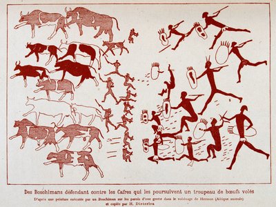 ボスキマンは、ヘルモン (南アフリカ) の近くの洞窟の壁にボスキマンによって実行された絵の後、財源に対してウシのハエの群れを守ります 作： School African
