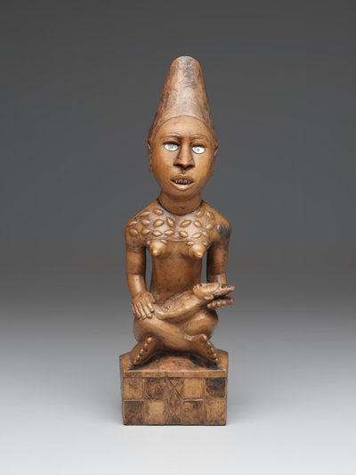子供と座っている女性像 (pfemba) Yombe Group、Kongo Peoples (木、ガラスまたは雲母 & ステイン) 作： School African