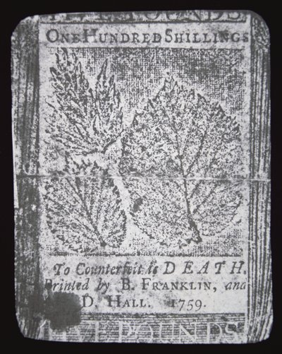 1759年にベンジャミン・フランクリンがデザインして印刷した100シリング紙幣（リトグラフ）。 作： School American