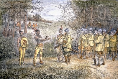 1621年、ワンパノアグ・インディアンと取引するキャプテン・マイルス・スタンディッシュ（カラーリトグラフ 作： School American
