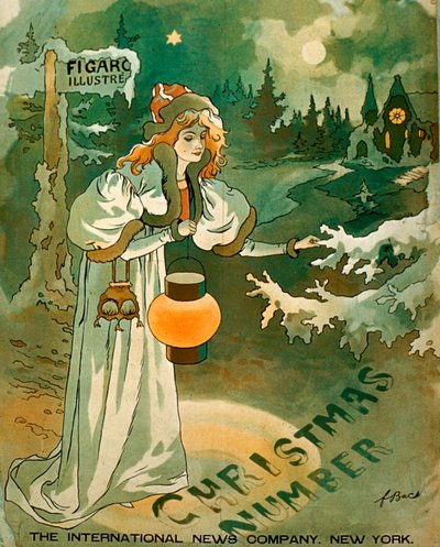 雪に覆われたコテージの前でランタンを持つ女性が描かれたクリスマスポスター（リトグラフ 作： School American