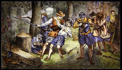 1607年、バージニア州ジェームズタウンの植民地で、インディアンの襲撃から幼い入植地を守る（カラーリトグラフ） 作： School American