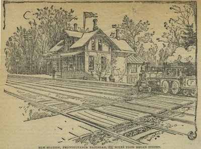 ペンシルバニア鉄道ウェスト・フィラデルフィアのエルム駅（リトグラフ）アメリカ 作： School American