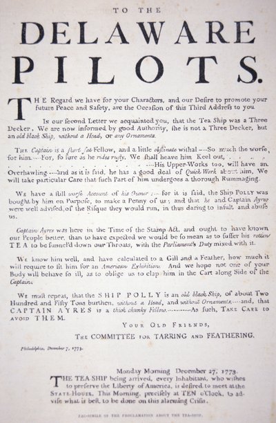 1773年12月7日、フィラデルフィアの愛国者たちがデラウェアの水先人たちにイギリスの茶船を相手にしないよう警告した布告のFacsmile(リトグラフ) 作： School American