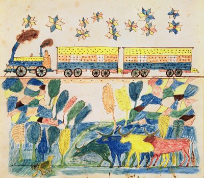 貨車と牛のいる風景（紙にペン、インク、水彩） 作： School American