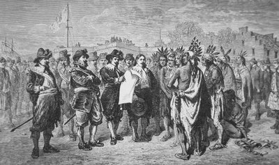 1646年、インディアンと和平を結ぶキーフト総督（リトグラフ 作： School American