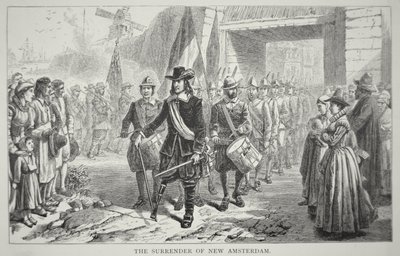 1664年、ニューアムステルダムをイギリスに明け渡すピーター・スタイヴェサント総督（リトグラフ 作： アメリカ人学校