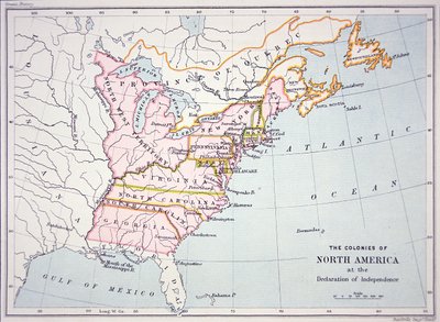 独立宣言時の北米植民地の地図（彩色刷り 作： School American