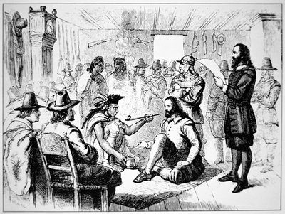 1621年、ジョン・カーバーにピースパイプを渡すワンパノアグ族の酋長マサソイト（リトグラフ）。 作： School American
