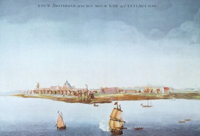 1650年、マンハッタン島のニューアムステルダム（カラーリトグラフ 作： School American