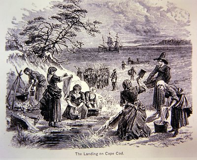 1620年、アメリカに上陸したピルグリムファーザーたち-ケープコッドへの上陸、働く女性たちの姿（リトグラフ） 作： School American