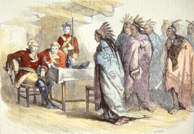1763年、デトロイト要塞にグラッドウィン少佐を訪ねるポンティアック（カラーリトグラフ 作： School American