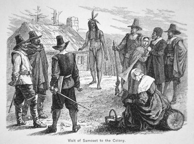 1621年にピルグリム・ファーザーズを訪問したペマキド族の酋長サモセット（リトグラフ 作： School American