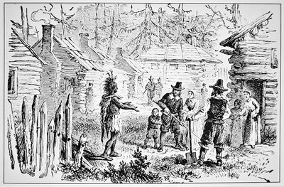 1621年にピルグリム・ファーザーズを訪問したペマキド族の酋長サモセット（リトグラフ） 作： School American