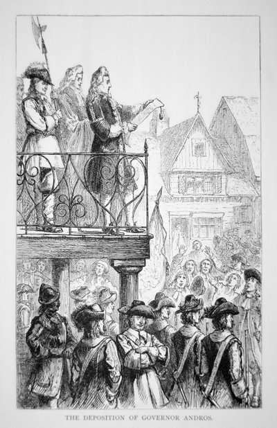 1686年、エドマンド・アンドロス卿が自らを総督としてニューイングランドの領有を宣言（リトグラフ 作： School American