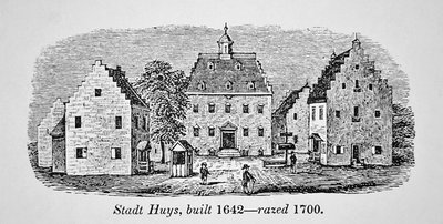 1642年に建設され、1700年に取り壊されたオランダのニューアムステルダム（ニューヨーク）のStadt Huys（リトグラフ）。 作： School American