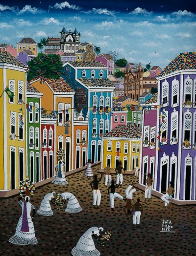 街角の風景を描いたナイーブアートの絵画（ブラジル・バイア州 作： School Brazilian