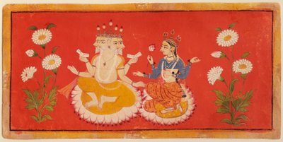 4つのヴェーダを保持しているサラスワティブラフマと座っているブラフマと、1650年頃（グワッシュ） 作： School Bundi