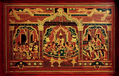 ミャンマーの写本用チェスト（漆塗りの木）のディテール 作： School Burmese