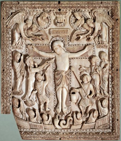 フランス学校の象牙製磔刑レリーフ、9世紀 フィレンツェのバルジェッロ美術館蔵 作： School Carolingian