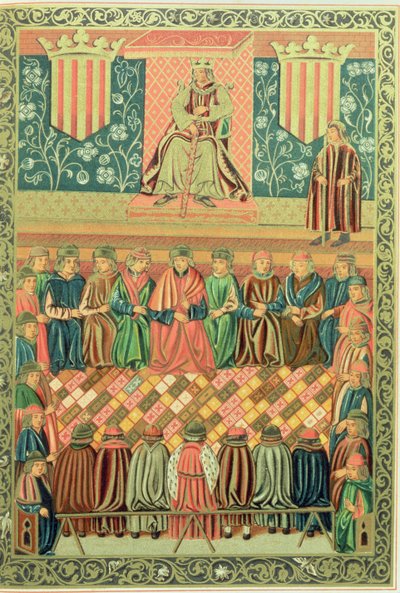 1242 年 3 月にリェイダのコルテスを主宰する征服王ジェームズ 1 世、「Constitucions de Catalunya」の写本より 作： School Catalan