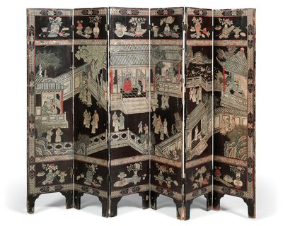 「バタムワーク」6つ折りスクリーン、19世紀後半から20世紀初頭（刻まれた漆） 作： School Chinese