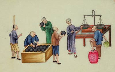 「アヘン喫煙の悪」より、アヘンの検査と計量を行う中国のディーラー 作： School Chinese