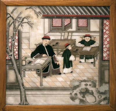 大理石製の飾り皿で、キャビネットの中の文字を表現しています。大理石製絵画、清時代（1644-1911）、中国美術。ラ・ロシェルのオルビニー・ベルノン美術館。 作： School Chinese