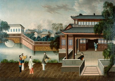 リバーサイドの邸宅に近づく人物 1800年頃 油彩・カンヴァス 作： School Chinese