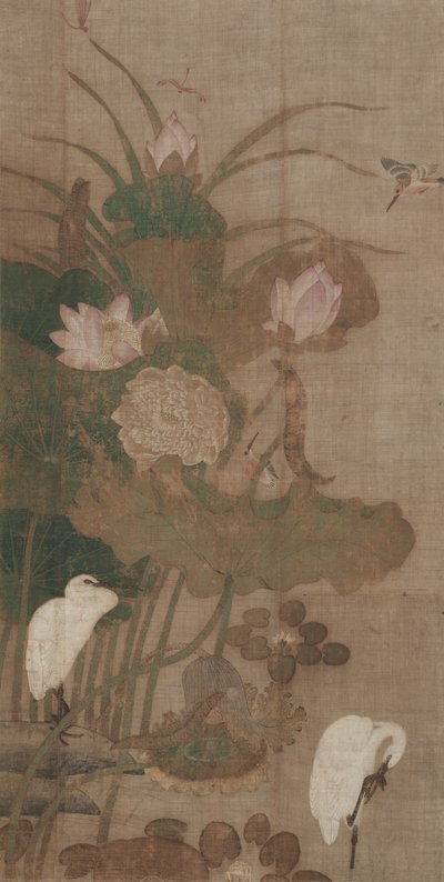 ロータス、昆虫、鳥、掛軸 作： School Chinese
