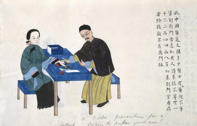 または 11539 fol.89v 中国の生活風景のアルバムから脈をとる (紙に水彩) 作： School Chinese