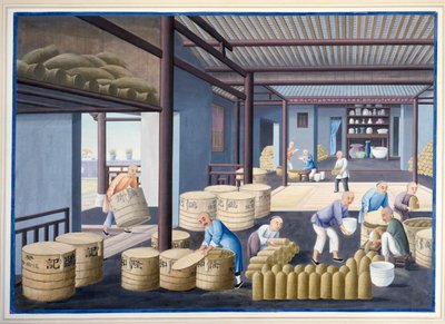 1825年頃、紙にグワッシュで描かれた「磁器の荷造り 作： 学校の中国語