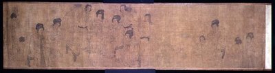 音楽を奏でる女性たちの細部が描かれた《宮廷遊女図屏風》、周文洲（970年頃）の原画に倣って、南宋時代、1140年頃に制作された（絹本に墨と顔料）（114251も参照 作： School Chinese