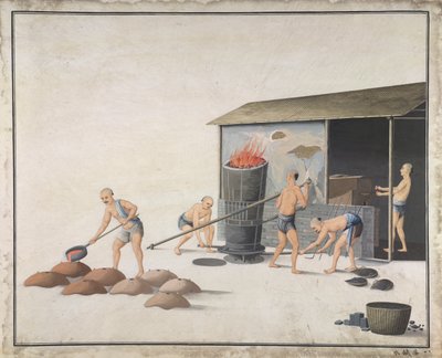 「水に入れて冷ます」、中国で鋳鉄を製造、1820年頃（紙に水彩） 作： School Chinese