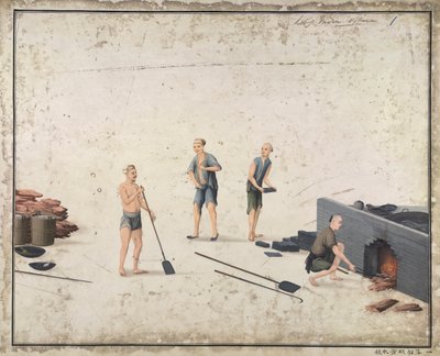 「鉛、硫黄、水銀を入れる」、中国で赤鉛を製造、1820年頃（紙に水彩） 作： School Chinese