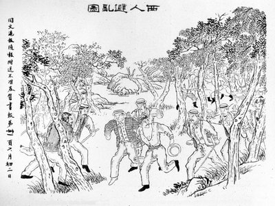 義和団の反乱：義和団と対峙するヨーロッパ人。1899年頃、上海の新聞「Toung-Ouen-Hou-Pao」に掲載されたイラスト。 作： School Chinese