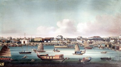 19世紀中頃の広東（中国）の港の様子。匿名の中国絵画。 作： School Chinese