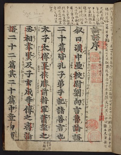 Rongo 論語または「孔子の論語」のタイトル ページ、印刷 c.1390-1450 (ベラム) 作： School Chinese