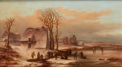 凍った湖に人物がいる冬の風景（キャンバスに油彩） 作： School Dutch