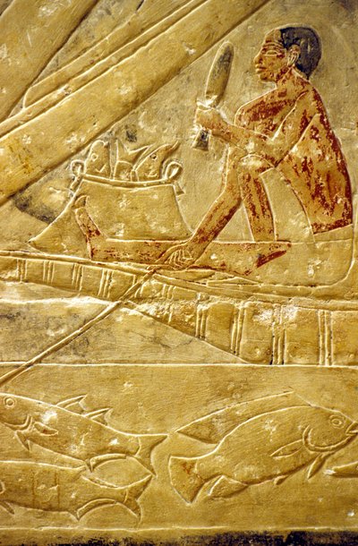 古代エジプト、サッカラ、イドウトのマスタバ／墓、漁師たちが舟に座って魚をさばいている（写真）。 作： School Egyptian