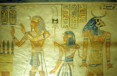 古代エジプト、絵画／彫刻、アモンヒル・ホプシェフ墳墓、ラメセス3世と旗を持つ息子アモンヒル 作： School Egyptian