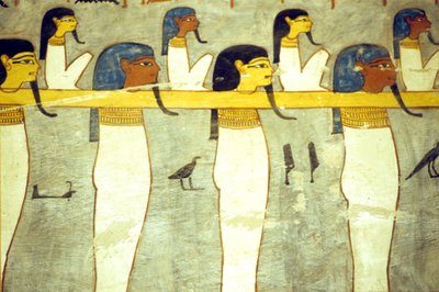 古代エジプト、絵画、ハトホルに繋がれた冥界の神々、神牛、太陽船を曳航する神牛、ラメセス1世の墓、テーベ 作： School Egyptian