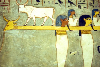 古代エジプト、絵画、ハトホルに繋がれた冥界の神々、神牛、太陽船を曳航する神牛、ラメセス1世の墓、テーベ 作： School Egyptian