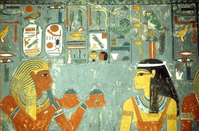 古代エジプト、絵画、ハトホルに軟膏を捧げるホレムヘブ、ホレムヘブの墓、テーベ 作： School Egyptian
