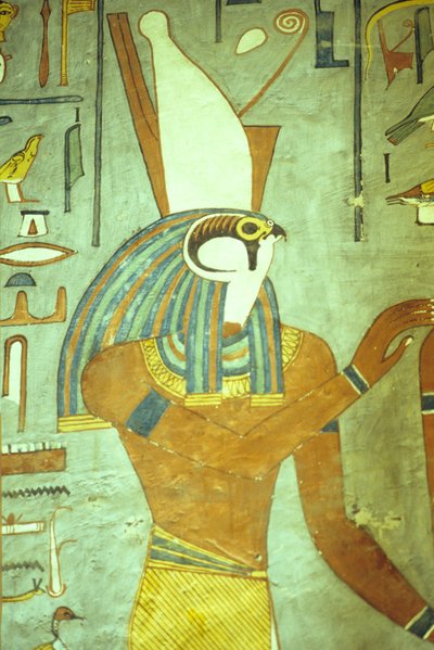 古代エジプト、絵画、ホルス、鷹の頭をした神、王の神、ラメセス1世の墓、テーベ 作： School Egyptian