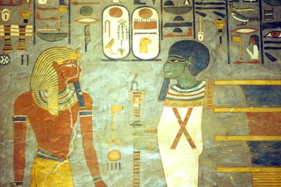 古代エジプト、絵画、プタハの前にラメセス1世、その後ろにジェド柱、ラメセス1世の墓、テーベ 作： School Egyptian