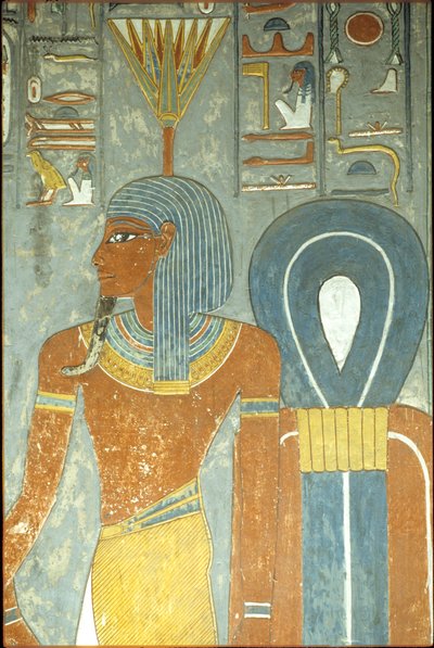 古代エジプト、絵画、ホレムヘブの墓、テーベ第18王朝、ネフェルトゥム神とイシスの結び目、睡蓮または蓮の頭飾りをつけたネフェルトゥムまたはネフェルテム（写真） 作： School Egyptian