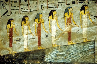 古代エジプト、絵画、ラメセス1世の墓、テーベ、夜の最初の6時間を表す6人の女神が、池のある山の下に登っている。 作： School Egyptian